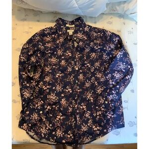 L.L. Bean Wrinkle Free Floral Button Up Shirt | Women’s Small Petite | Navy Blue